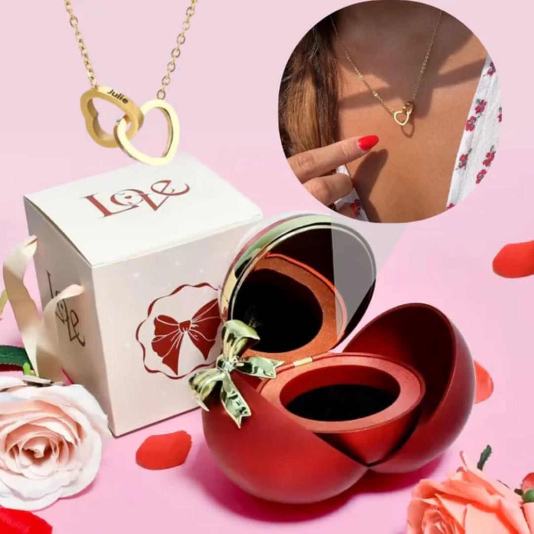 Elegante Box Rosa Eterna con Collana a Doppio Cuore Personalizzata – Il Regalo Perfetto per L’amore
